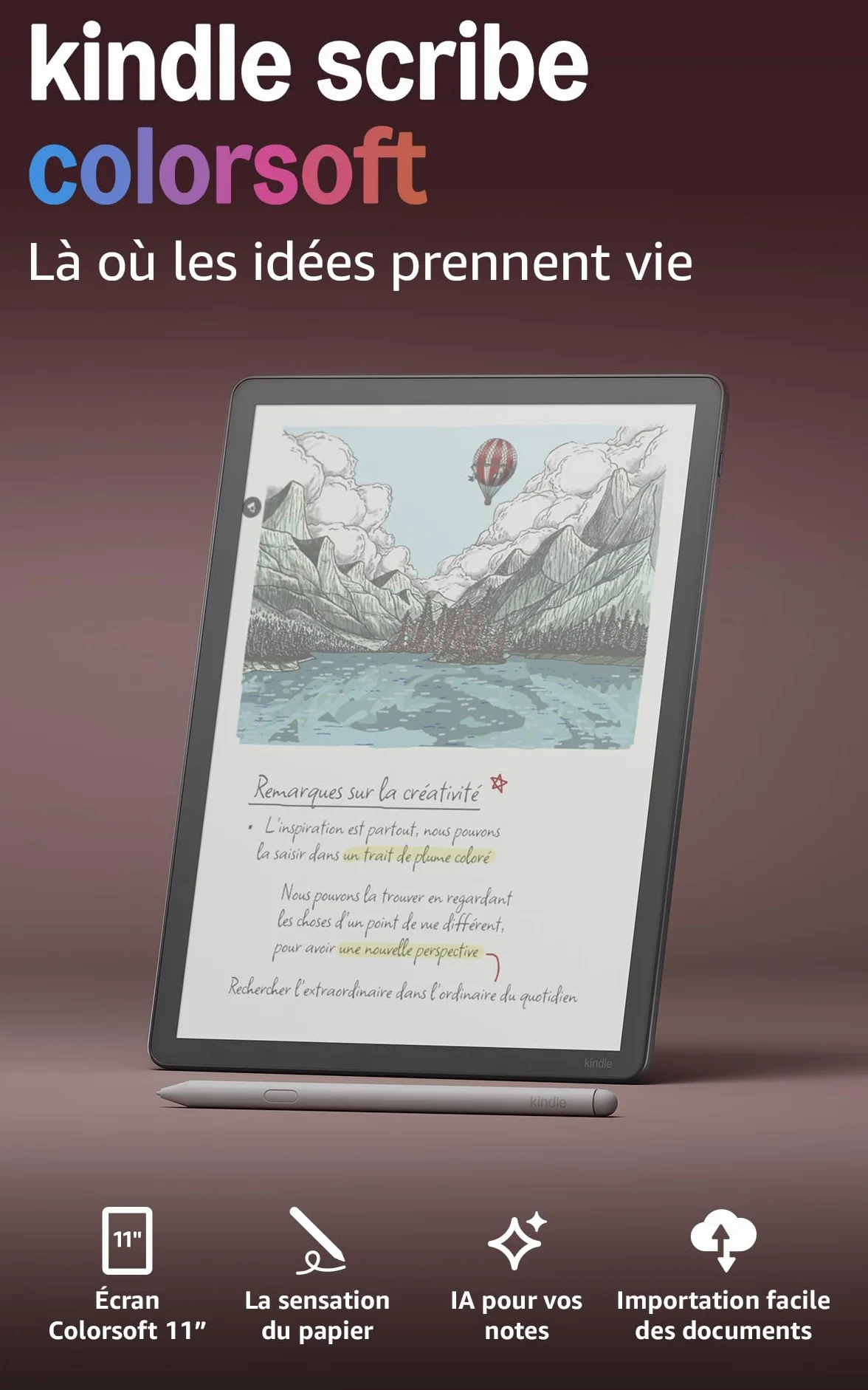 Amazon Kindle Scribe Colorsoft 64 Go (nouvelle génération) : écran couleur 11" effet papier, éclairage avant ; fin, léger, puissant ; écrivez dans le carnet, les documents et les livres (graphite)