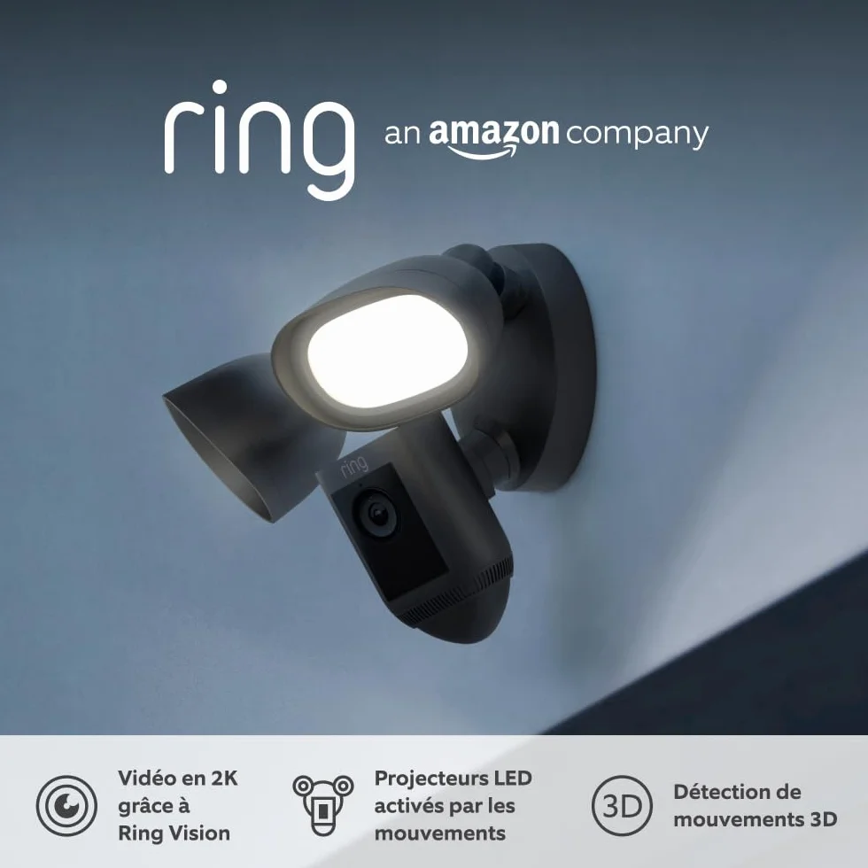 Ring caméra Floodlight Pro filaire (Floodlight Cam Wired Pro) |Vidéo 2K avec Ring Vision, détection de mouvements 3D, alternative à la vidéosurveillance | Essai gratuit de Ring Home pendant 30 jours