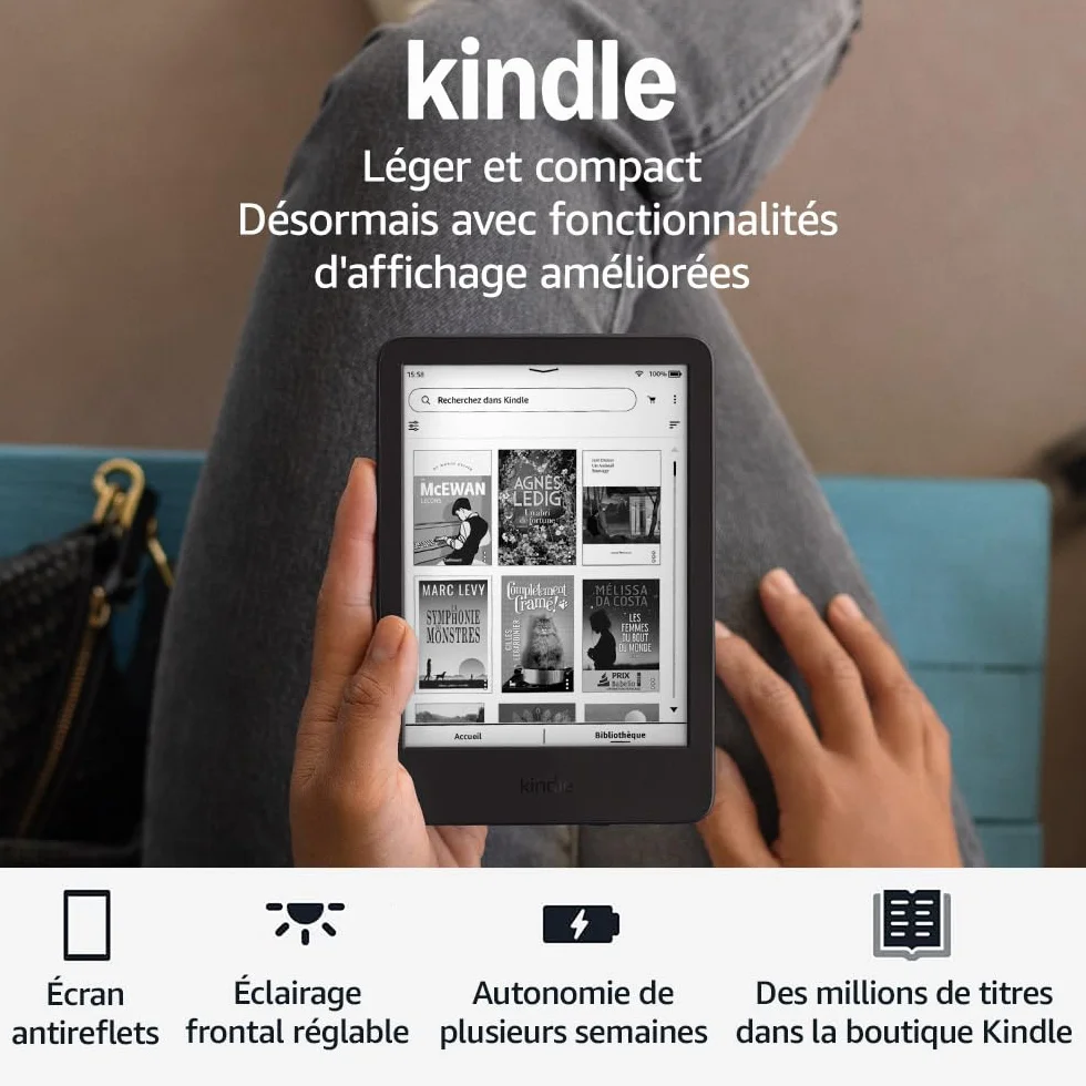 Amazon Kindle (Nouvelle génération) - Le plus léger et compact, avec écran antireflets, changements de page plus rapides et éclairage avant réglable - 16 Go - Sans publicités - Noir