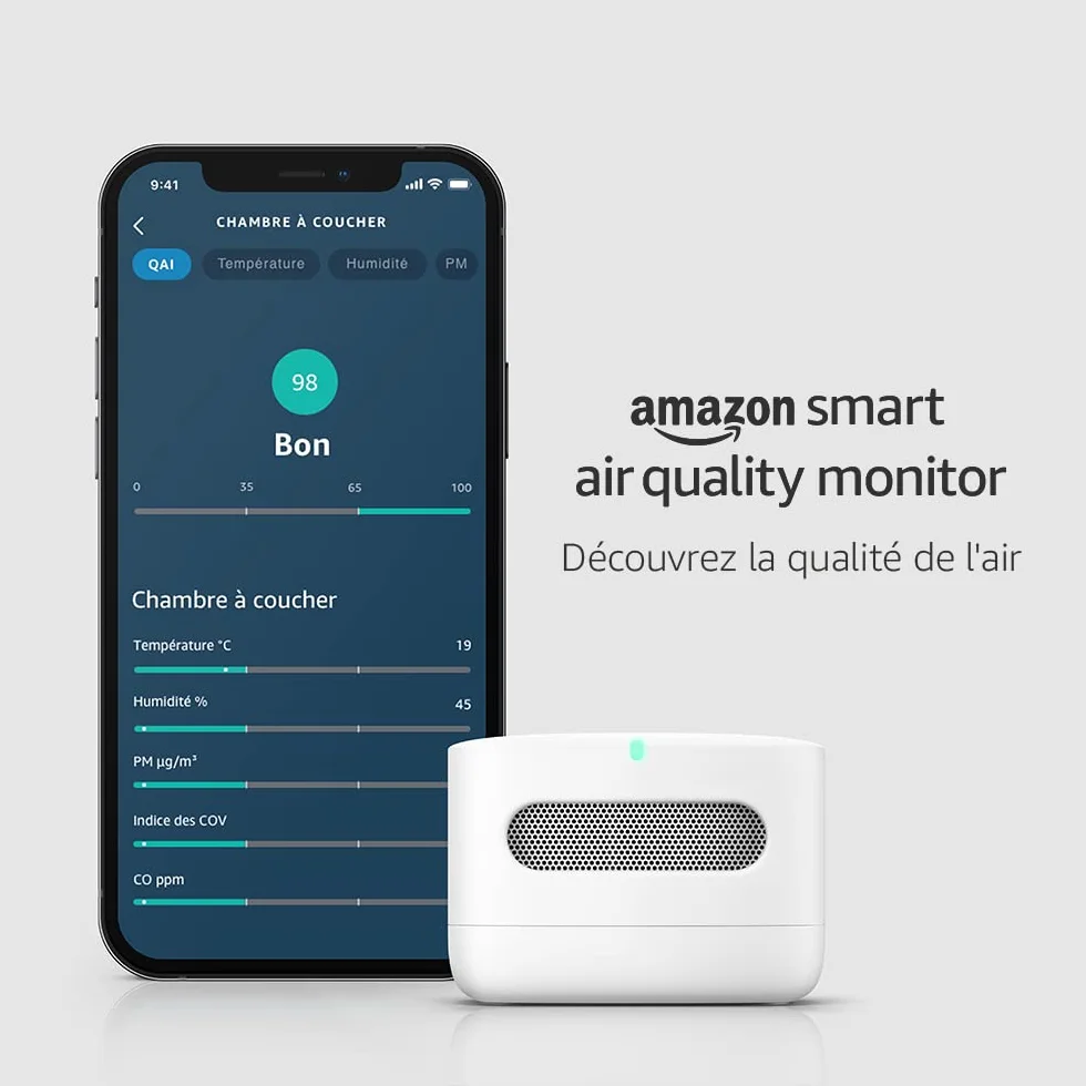 Amazon Smart Air Quality Monitor (Nouvelle génération) | Moniteur de qualité de l'air connecté Amazon | Découvrez la qualité de l'air | Fonctionne avec Alexa