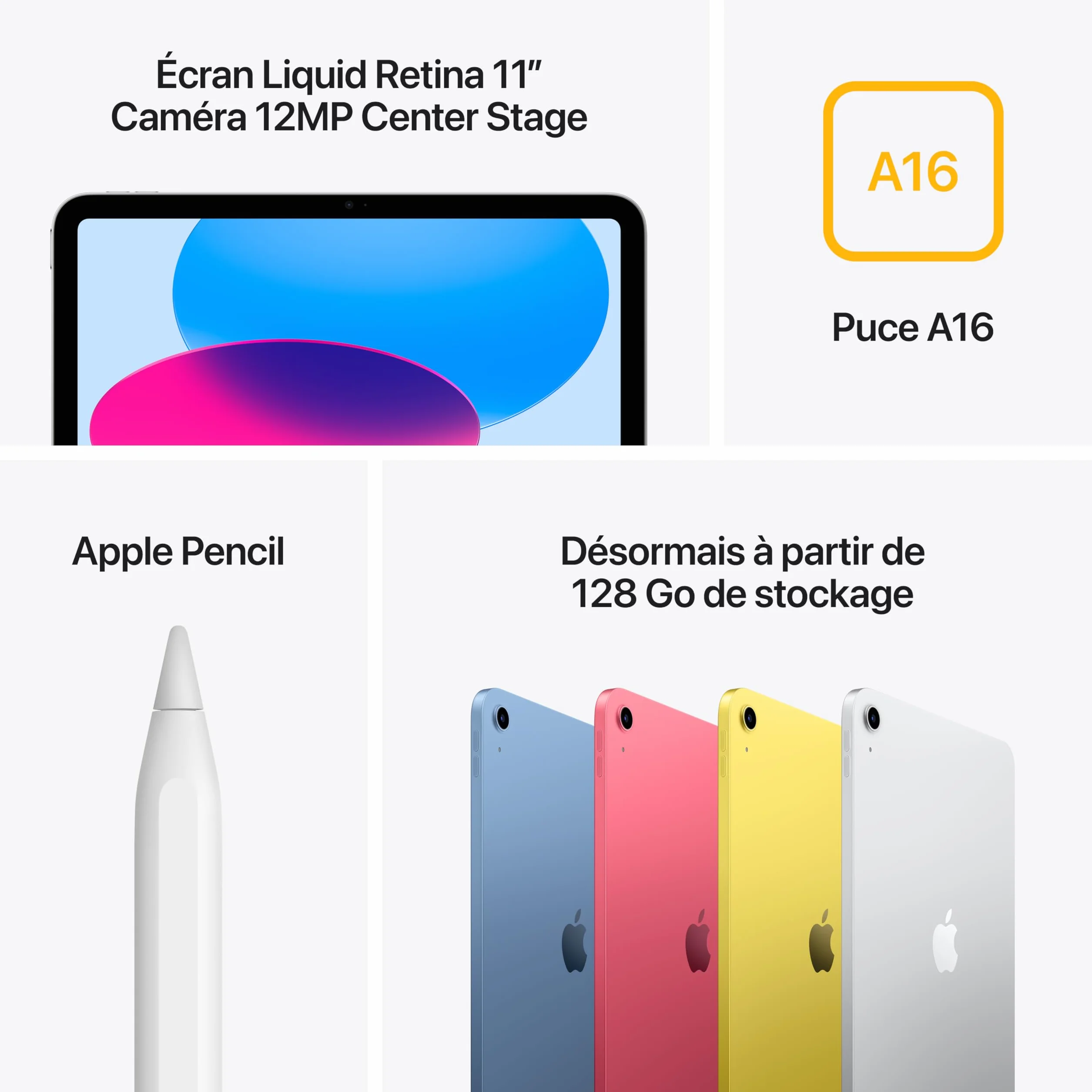 Apple iPad avec Puce A16 : Écran Liquid Retina 11 Pouces, 128 Go, Wi-FI 6, caméras Avant/arrière 12 Mpx, Touch ID, autonomie d’Une journée – Argent