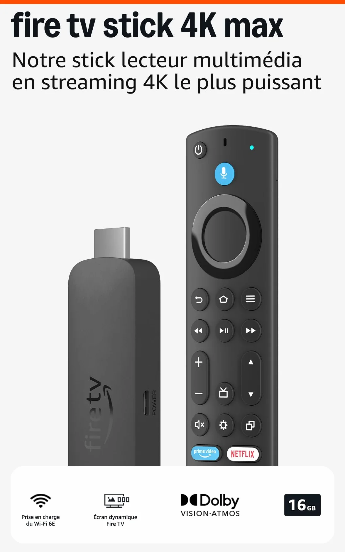 Amazon Fire TV Stick 4K Max (Nouvelle génération), Appareil de streaming avec fonctionnalité Écran dynamique et prenant en charge le Wi-Fi 6E, Trouvez vos séries plus rapidement avec Alexa+