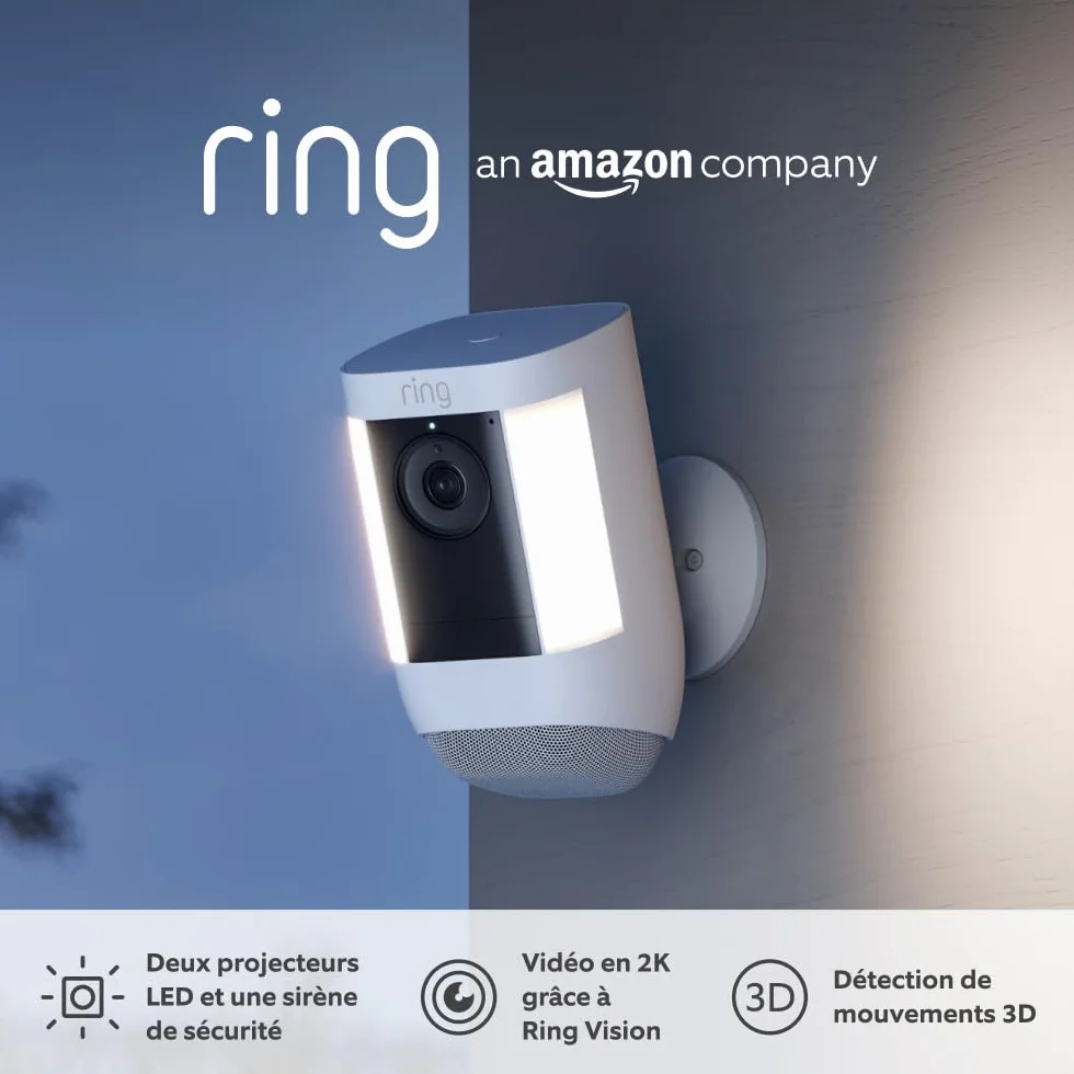 Caméra Spotlight Pro sans fil (Spotlight Cam Pro Battery) | Vidéo 2K avec Ring Vision, détection de mouvements 3D, à installer soi-même | Essai gratuit de l'abonnement Ring Home pendant 30 jours