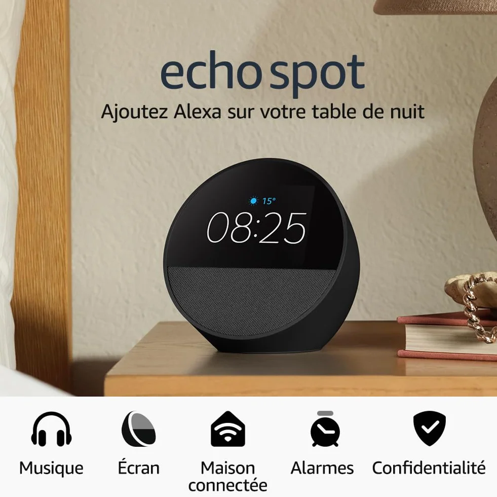 Amazon Echo Spot (Nouvelle génération) | Réveil connecté avec un son de qualité | Noir, avec accès anticipé à Alexa+