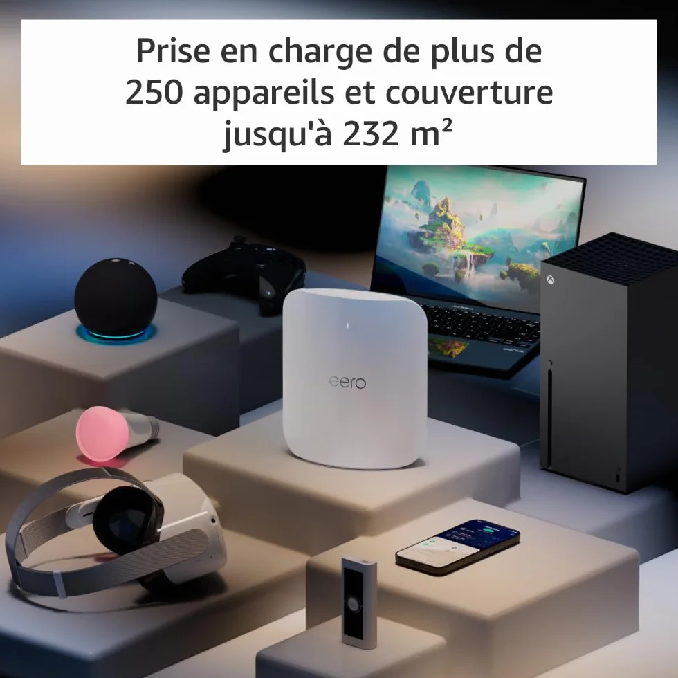 Routeur Wi-Fi maillé Amazon eero Max 7 : Ethernet 10 Gb/s, couvre jusqu'à 230 m², possibilité de connecter plus de 250 appareils, idéal pour le gaming, dernière génération (1 pièce)