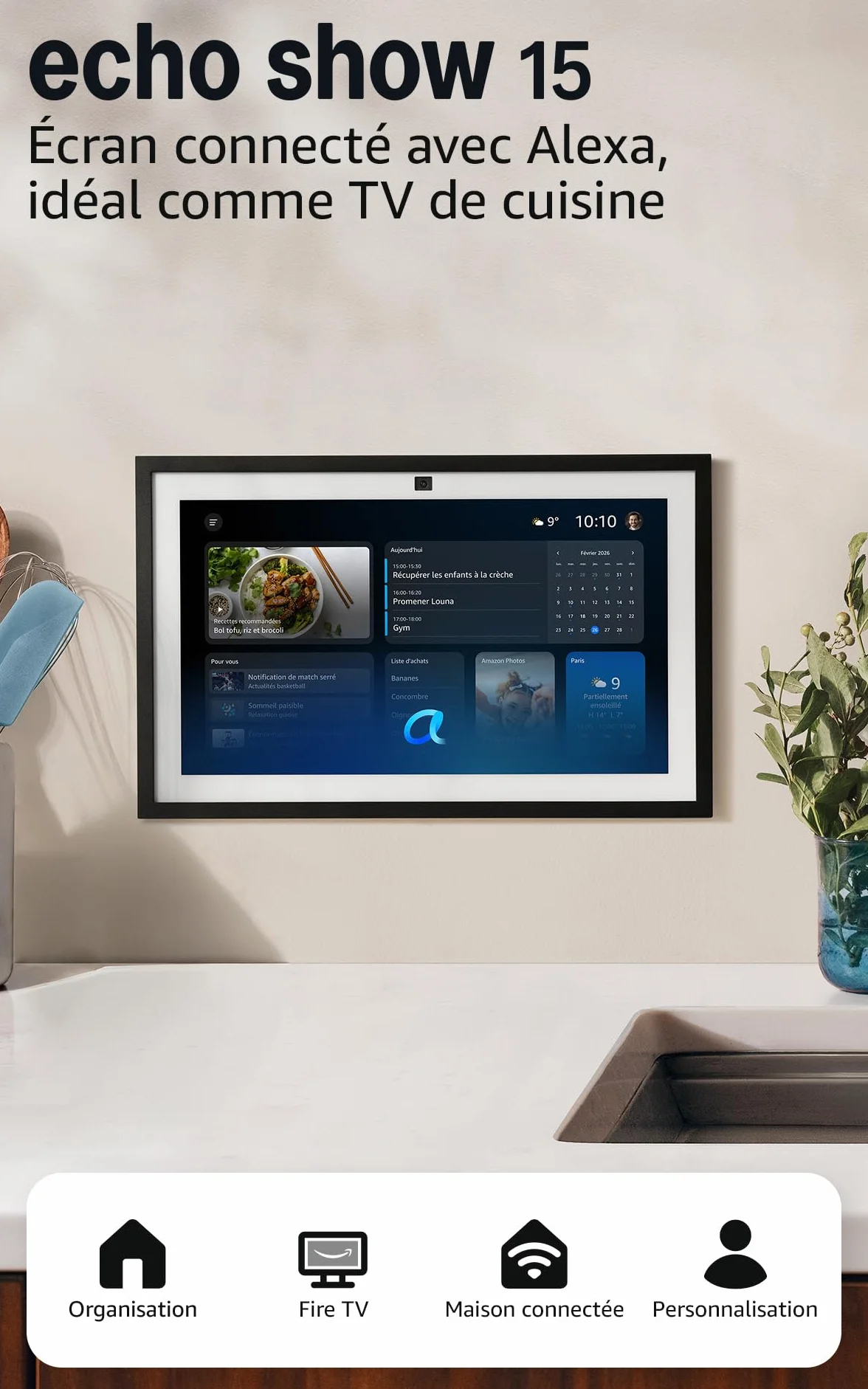 Amazon Echo Show 15 (Nouvelle génération) | Écran connecté Full HD 15,6“, Fire TV intégré et télécommande vocale Alexa, avec accès anticipé à Alexa+