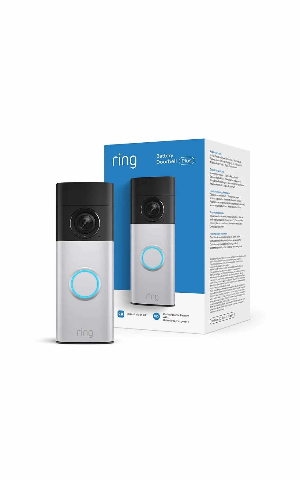 Ring sonnette vidéo Plus sans fil (Battery Video Doorbell Plus) (nouvelle génération) | Retinal 4K | Zoom x6 | Batterie rechargeable amovible | Essai gratuit de 30 jours à l’abonnement Ring