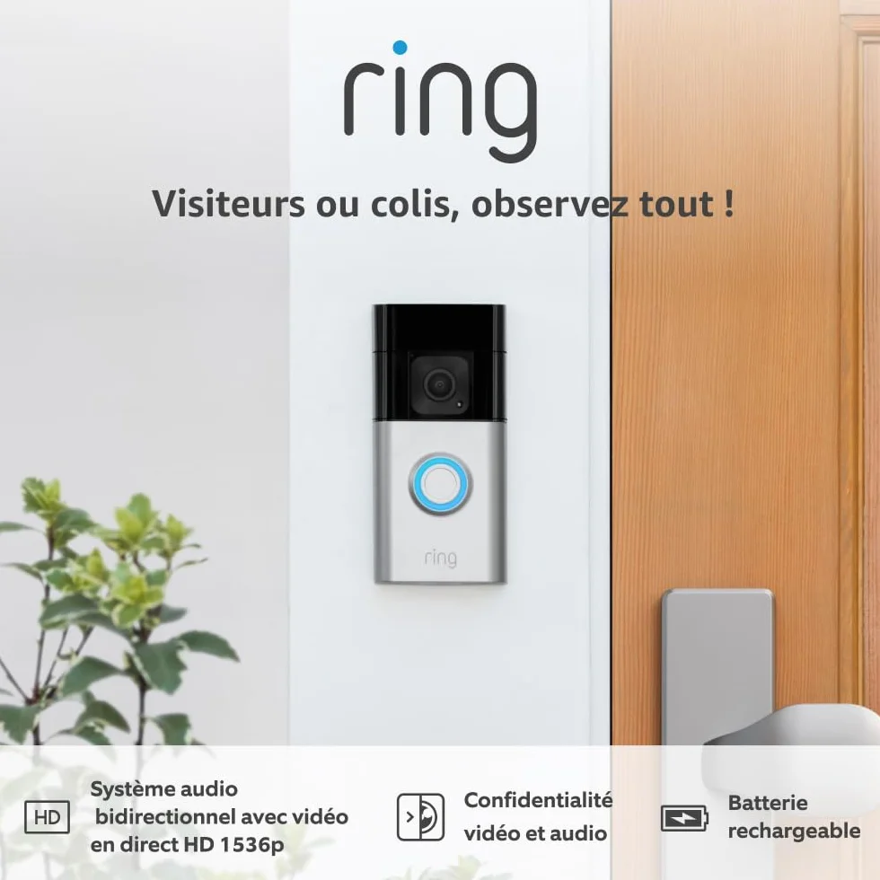 Ring sonnette vidéo Plus sans fil (Battery Video Doorbell Plus) | Caméra sonnette vidéo sans fil à installer soi-même avec vidéo HD 1536p, batterie rechargeable | Facile à installer (5 min)