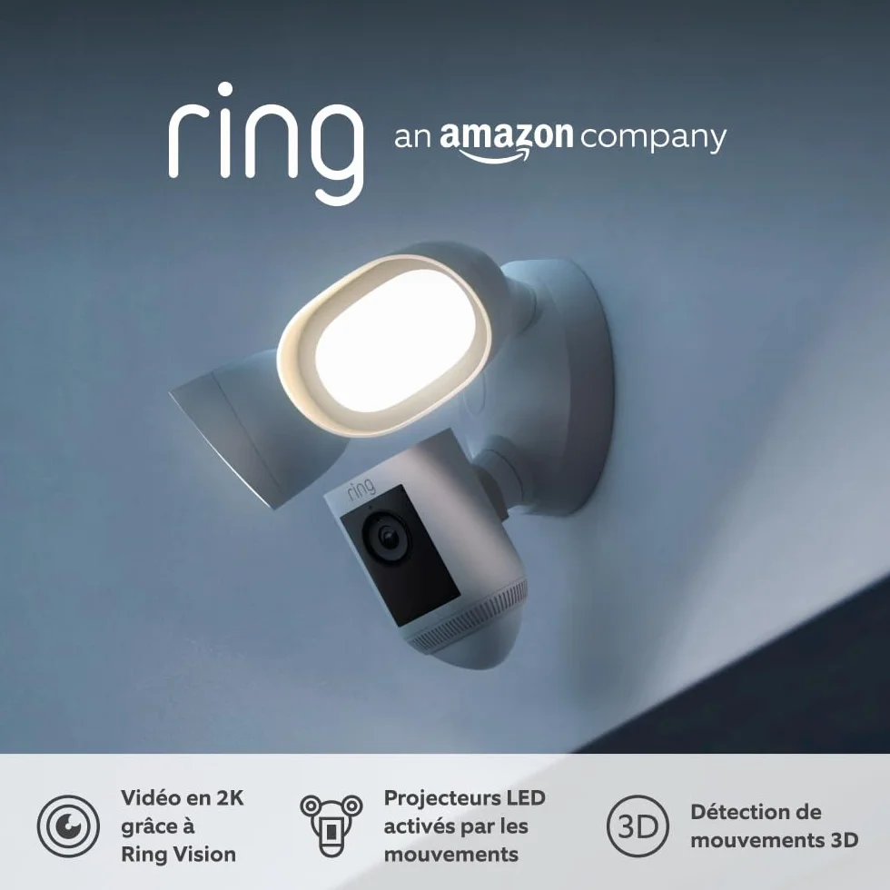 Ring caméra Floodlight Pro filaire (Floodlight Cam Wired Pro) |Vidéo 2K avec Ring Vision, détection de mouvements 3D, alternative à la vidéosurveillance | Essai gratuit de Ring Home pendant 30 jours