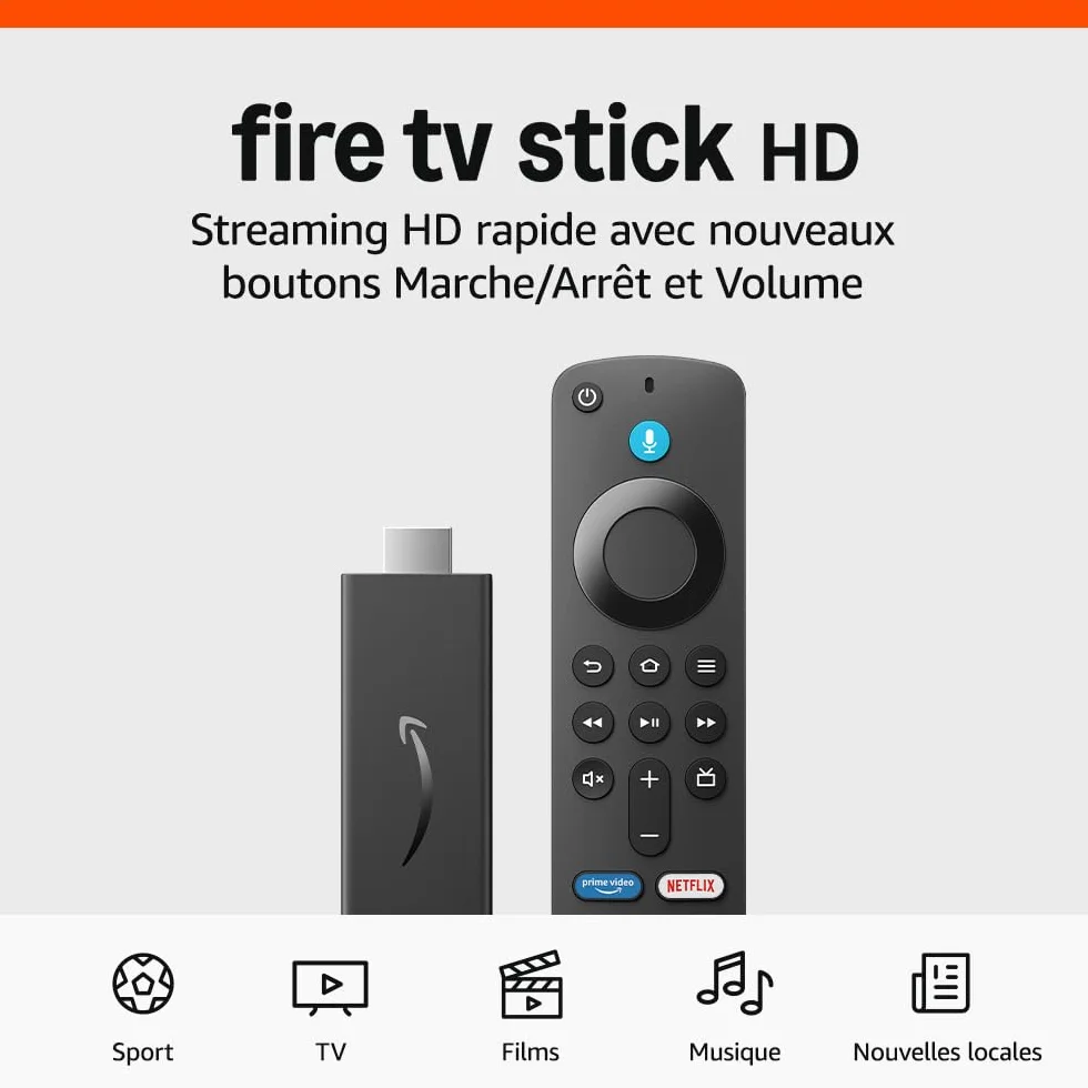 Amazon Fire TV Stick HD, TV gratuite et en direct, télécommande vocale Alexa, contrôle de la maison connectée, streaming HD