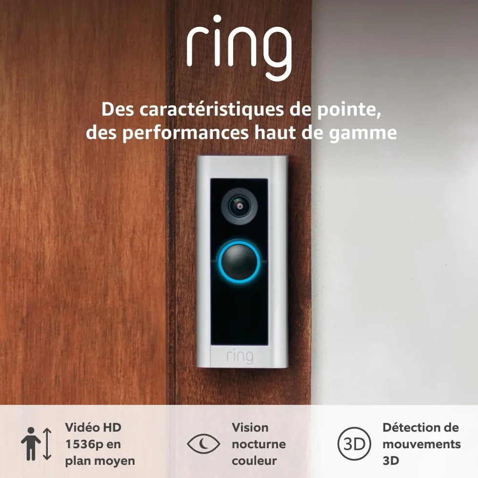 Ring Sonnette vidéo Pro filaire (anciennement Video Doorbell Pro 2) | Sonnette extérieure avec caméra, vidéo 1536p HD en plan moyen, détection de mouvements 3D, wifi | Essai Ring Home gratuit 30 j.