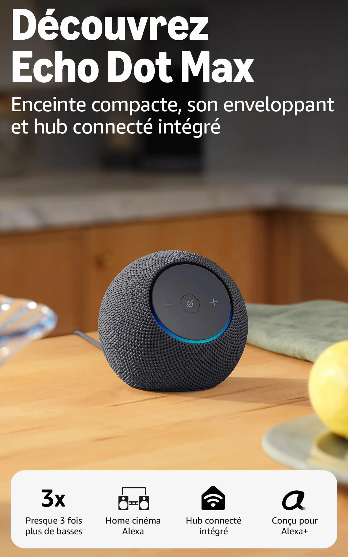 Amazon Echo Dot Max (nouvelle génération) : enceinte avec son qui emplit la pièce et hub connecté intégré, Graphite, avec accès anticipé à Alexa+