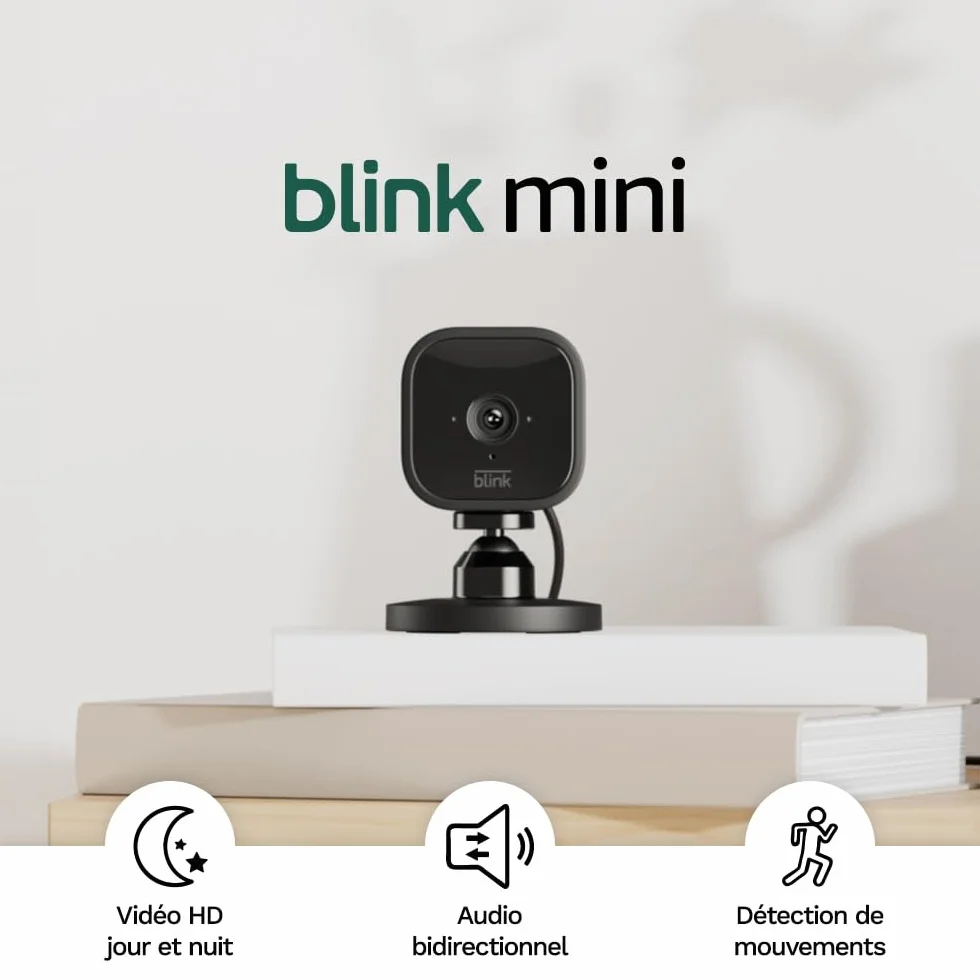 Blink Mini | Caméra d'intérieur connectée compacte à brancher | Vidéo HD 1080p, vision nocturne, détection de mouvements, audio bidirectionnel, config. facile, fonctionne avec Alexa | 2 caméras, Noir