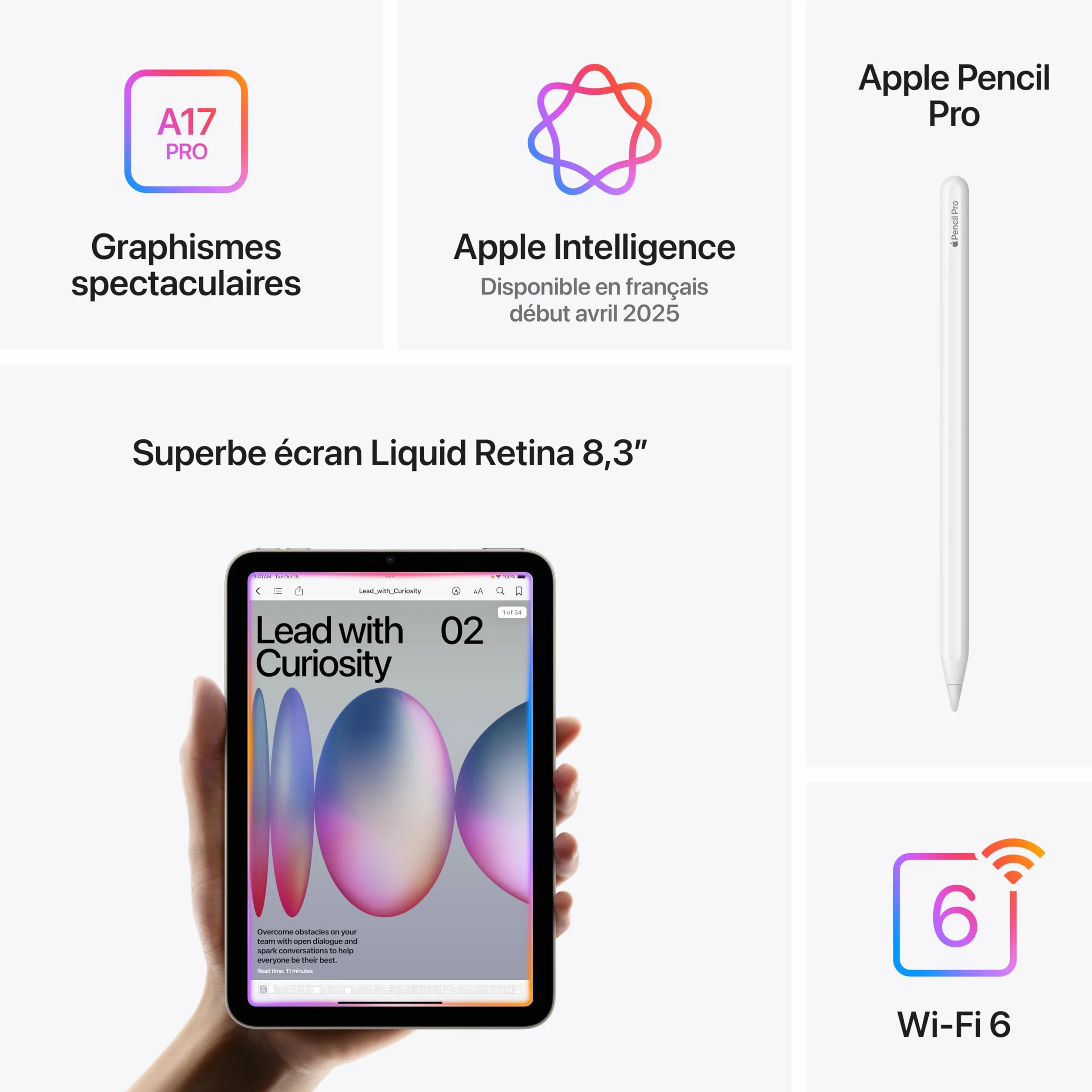 Apple iPad Mini (A17 Pro) : Écran Liquid Retina 8,3 Pouces, 256 Go, Wi-FI 6E, caméras Avant/arrière 12 Mpx, Touch ID, autonomie d’Une journée - Gris sidéral