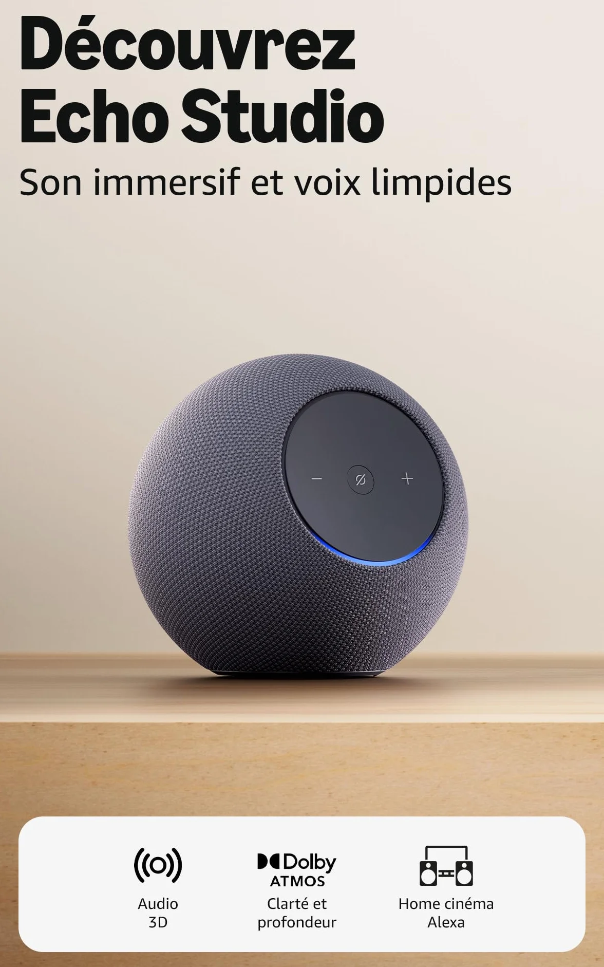 Amazon Echo Studio (nouvelle génération) : format compact, audio 3D immersif et Dolby Atmos (graphite), avec accès anticipé à Alexa+